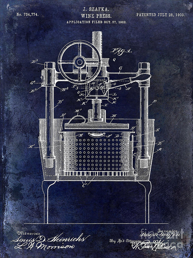 Vintage Photograph - 1902 Wine Press Patent Drawing Blue by Jon Neidert