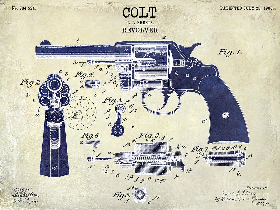 1903 Colt Revolver Patent Drawing 2 Tone Photograph by Jon Neidert