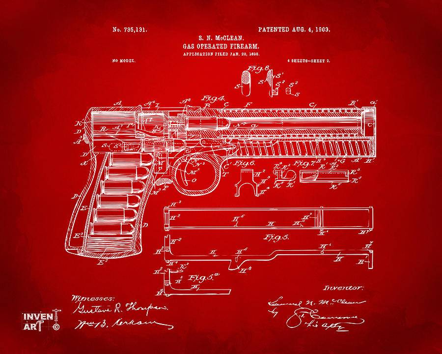 Vintage Digital Art - 1903 McClean Pistol Patent Artwork - Red by Nikki Marie Smith