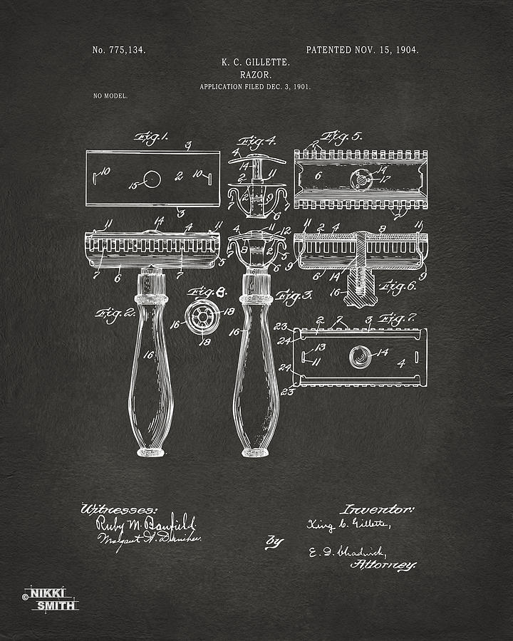 1904 Gillette Razor Patent Artwork - Gray Digital Art by Nikki Marie Smith