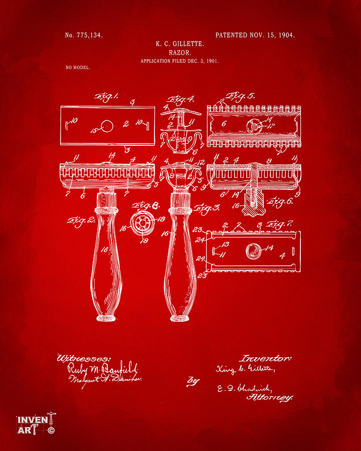 Tool Digital Art - 1904 Gillette Razor Patent Artwork Red by Nikki Marie Smith