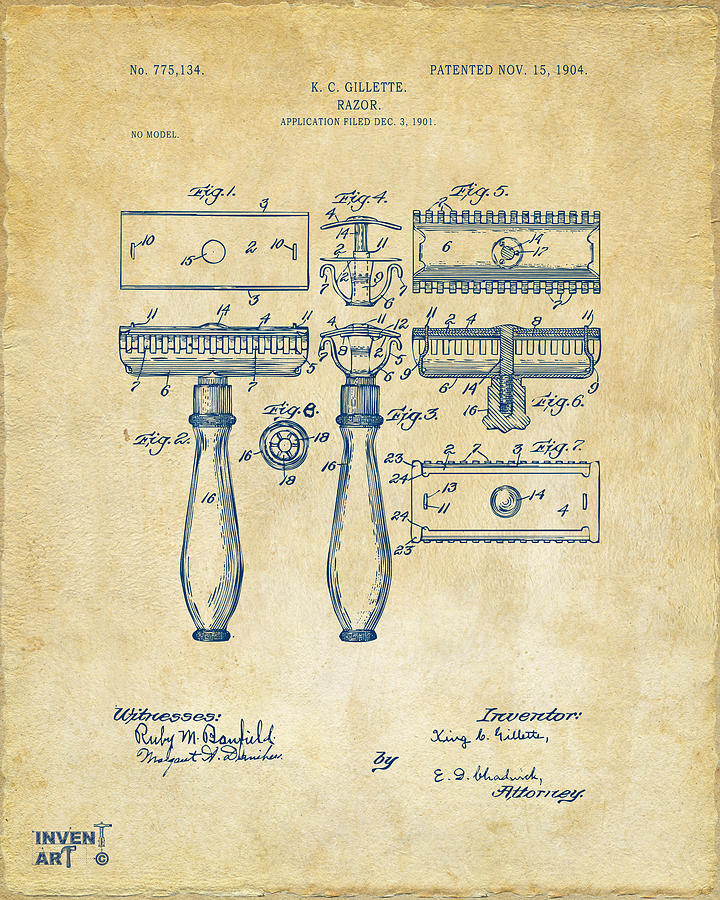 Tool Digital Art - 1904 Gillette Razor Patent Artwork Vintage by Nikki Marie Smith