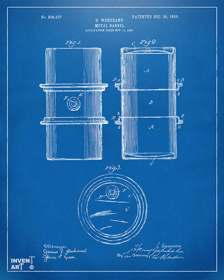 1905 Oil Drum Patent Artwork - Blueprint Digital Art by Nikki Marie Smith