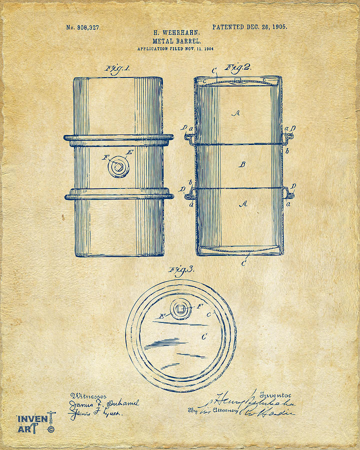 1905 Oil Drum Patent Artwork - Vintage Digital Art by Nikki Marie Smith