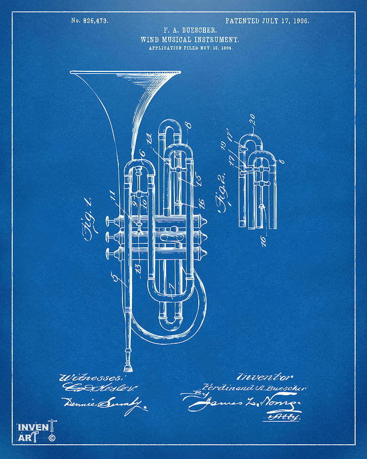 Vintage Digital Art - 1906 Brass Wind Instrument Patent Artwork Blueprint by Nikki Marie Smith