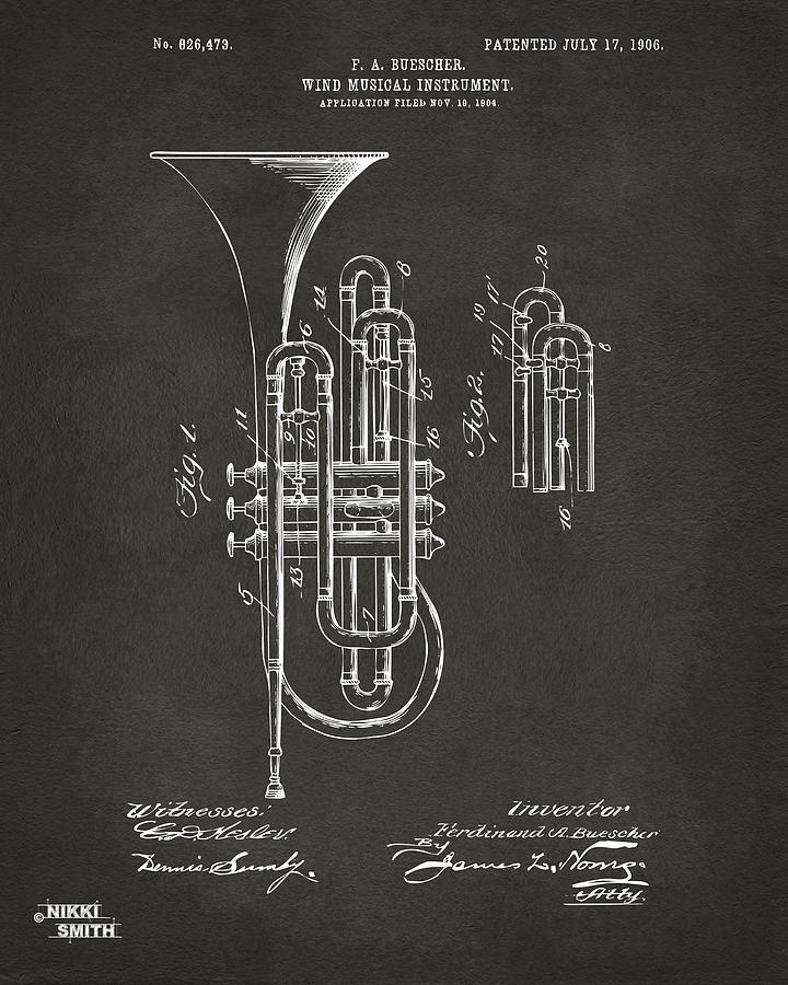 Vintage Digital Art - 1906 Brass Wind Instrument Patent Artwork - Gray by Nikki Marie Smith