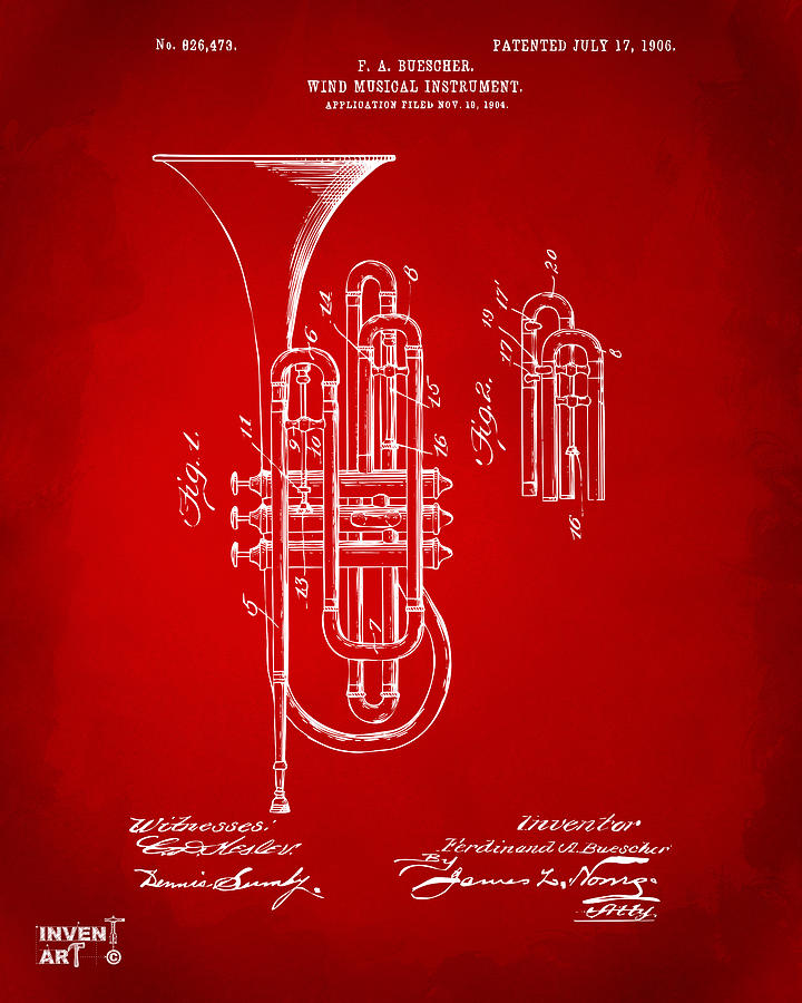 Vintage Digital Art - 1906 Brass Wind Instrument Patent Artwork Red by Nikki Marie Smith