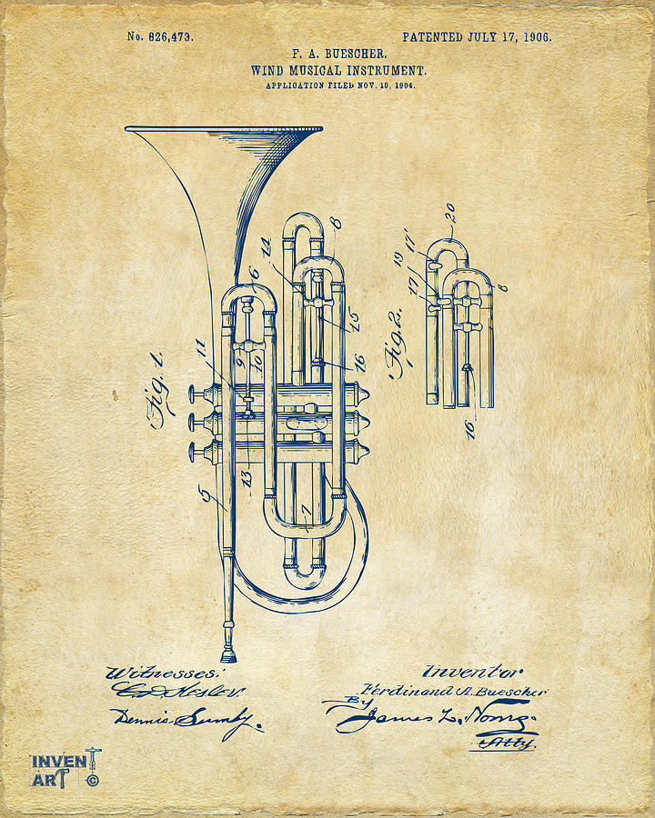 1906 Brass Wind Instrument Patent Artwork Vintage Digital Art by Nikki Marie Smith