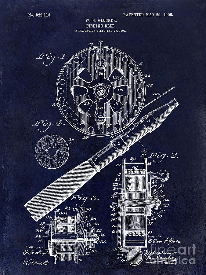 1906 Fishing Reel Patent Drawing Blue Photograph by Jon Neidert