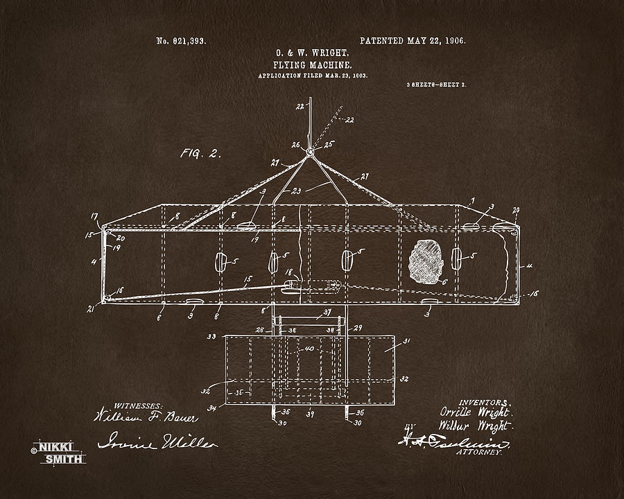 1906 Wright Brothers Airplane Patent Espresso Digital Art by Nikki Marie Smith