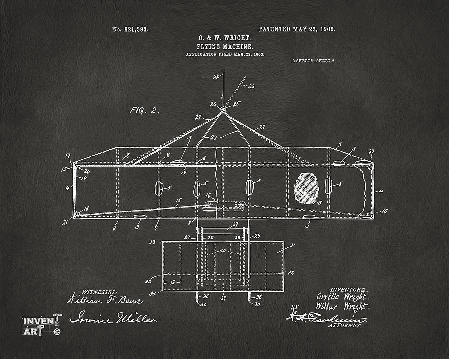 1906 Wright Brothers Airplane Patent Gray Digital Art by Nikki Marie Smith