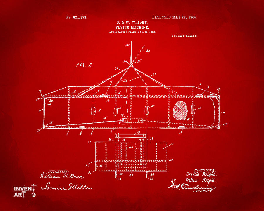 1906 Wright Brothers Airplane Patent Red Digital Art by Nikki Marie Smith