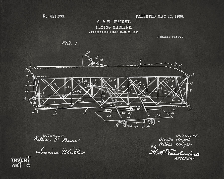 1906 Wright Brothers Flying Machine Patent Gray Digital Art by Nikki Marie Smith