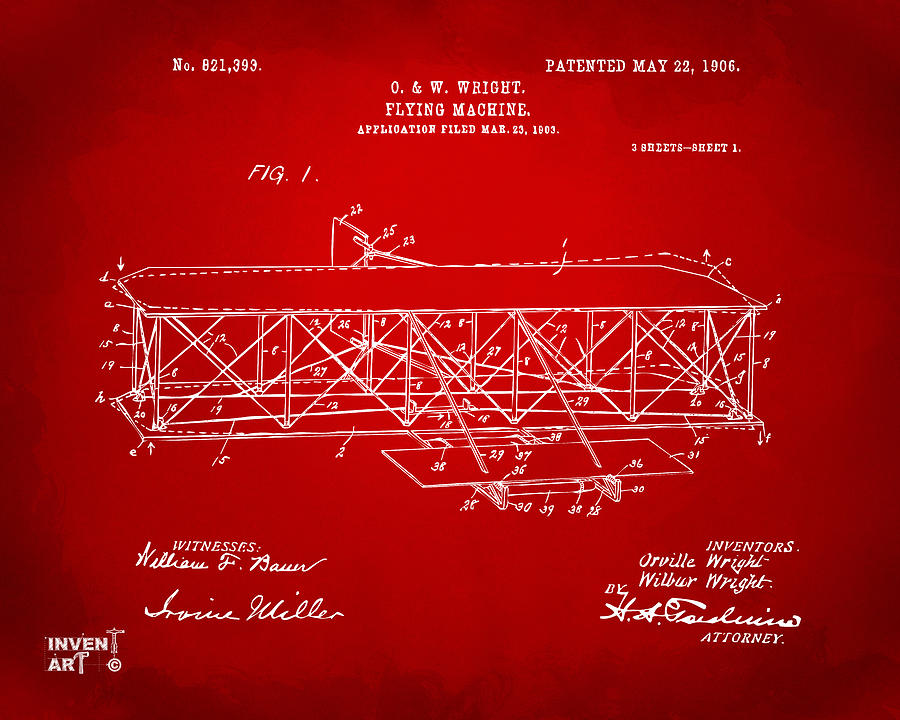 1906 Wright Brothers Flying Machine Patent Red Digital Art by Nikki Marie Smith