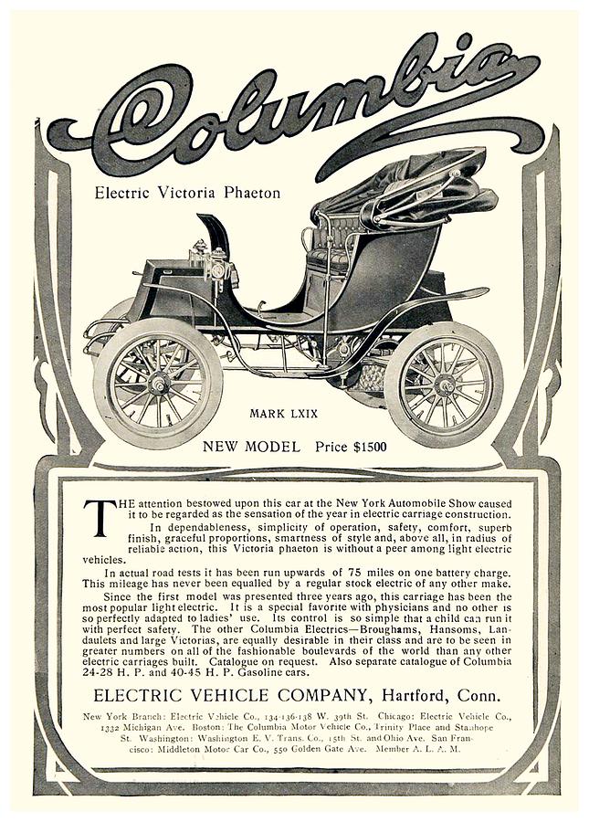 1907 - Columbia Victoria Phaeton Electric Automobile Advertisement Digital Art by John Madison