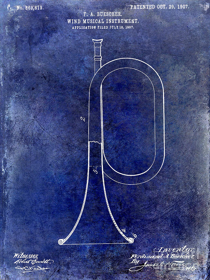 1907 Bugle Patent Drawing Blue Photograph by Jon Neidert