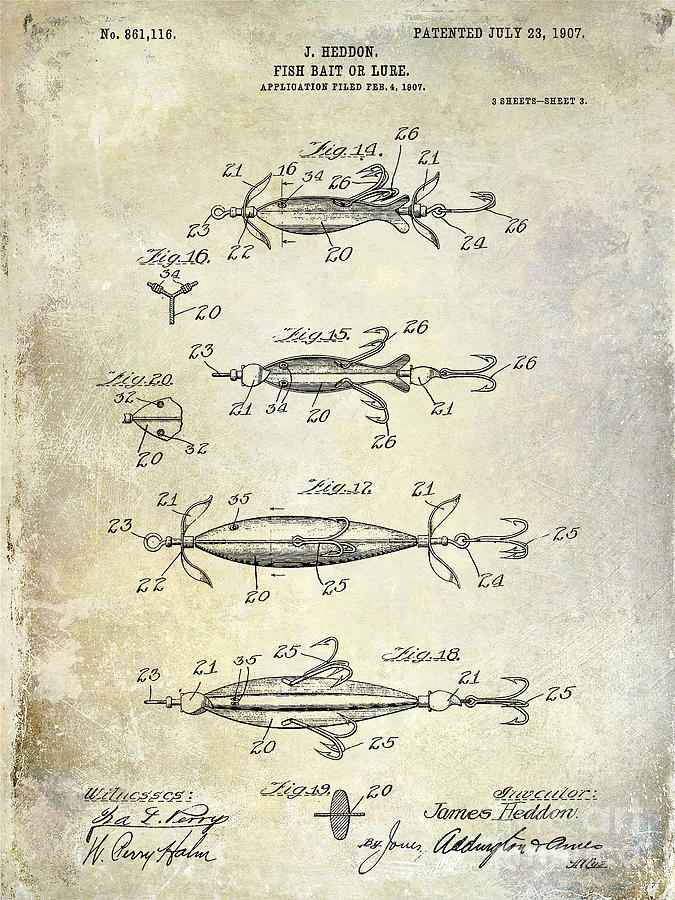 1907 Fishing Lure Patent Photograph by Jon Neidert