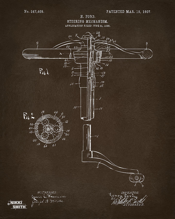 1907 Henry Ford Steering Wheel Patent Espresso Digital Art by Nikki Marie Smith