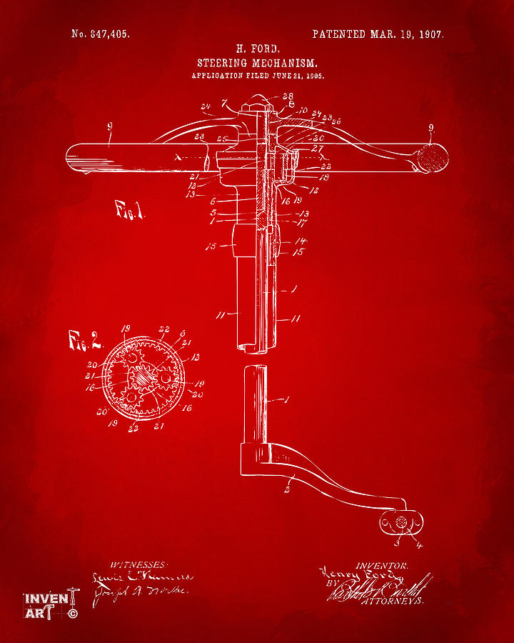 1907 Henry Ford Steering Wheel Patent Red Digital Art by Nikki Marie Smith