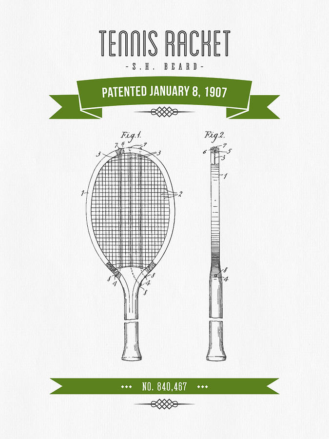 Tennis Digital Art - 1907 Tennis Racket Patent Drawing - Retro Green by Aged Pixel