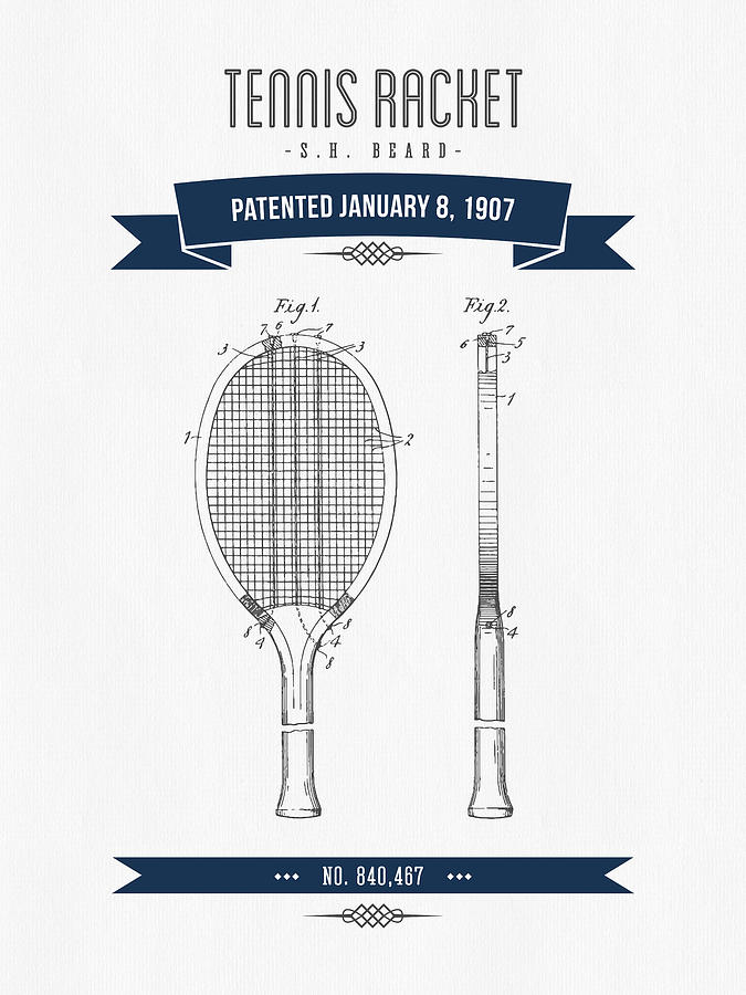 1907 Tennis Racket Patent Drawing - Retro Navy Blue Digital Art by Aged ...