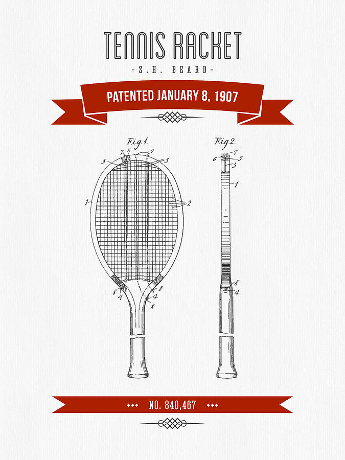 Tennis Digital Art - 1907 Tennis Racket Patent Drawing - Retro Red by Aged Pixel