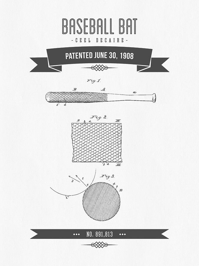 Baseball Digital Art - 1908 Baseball Bat Patent Drawing by Aged Pixel