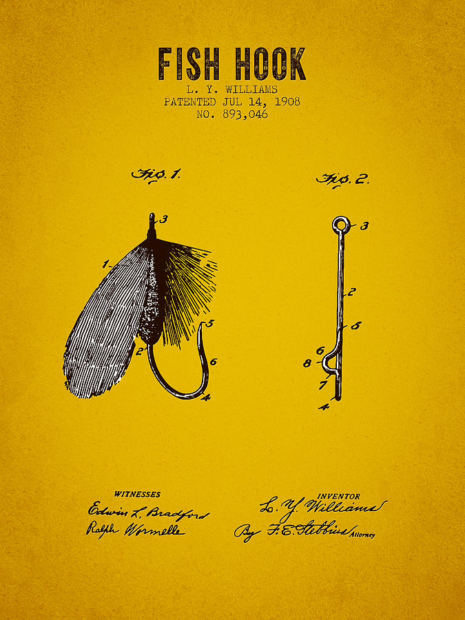 Salmon Digital Art - 1908 Fish Hook Patent - Yellow Brown by Aged Pixel
