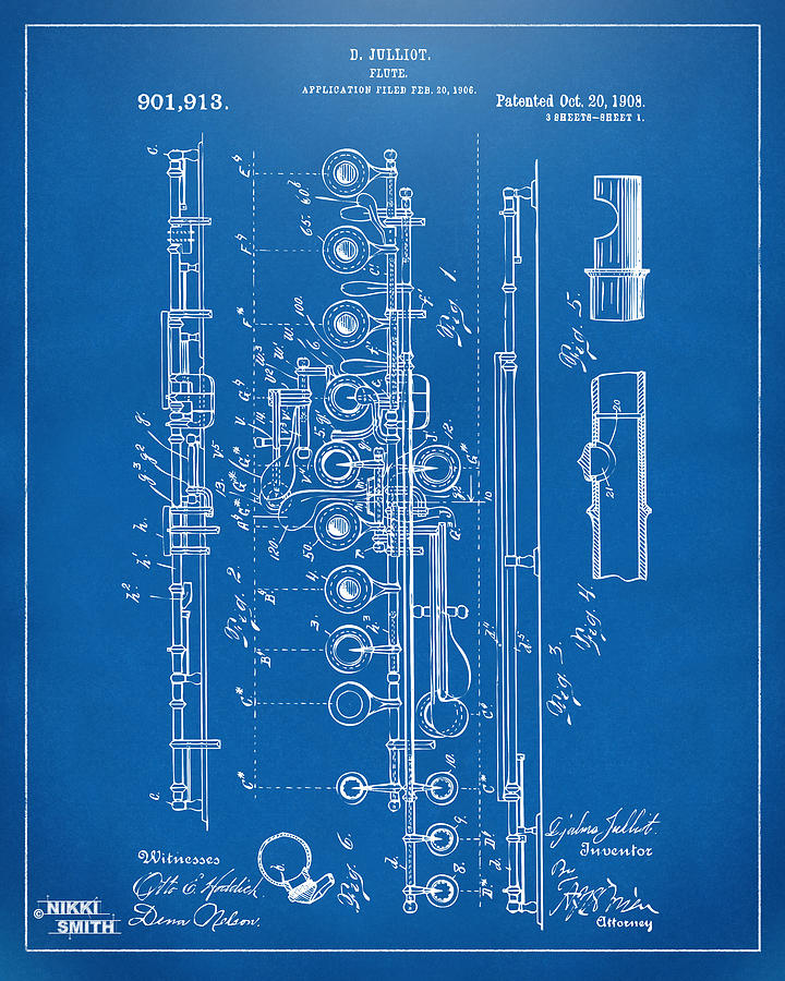 Vintage Digital Art - 1908 Flute Patent - Blueprint by Nikki Marie Smith