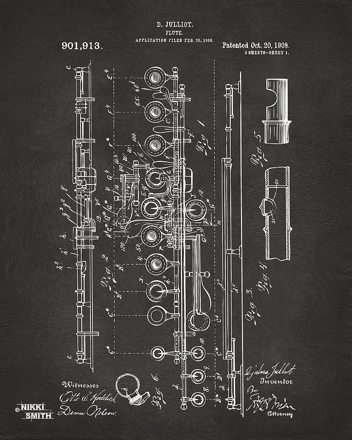 Vintage Digital Art - 1908 Flute Patent - Gray by Nikki Marie Smith