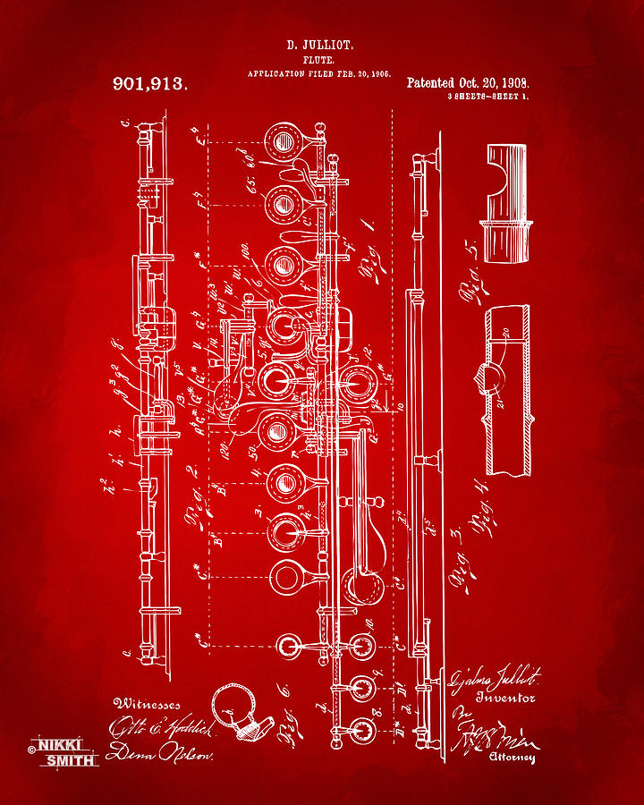 Vintage Digital Art - 1908 Flute Patent - Red by Nikki Marie Smith
