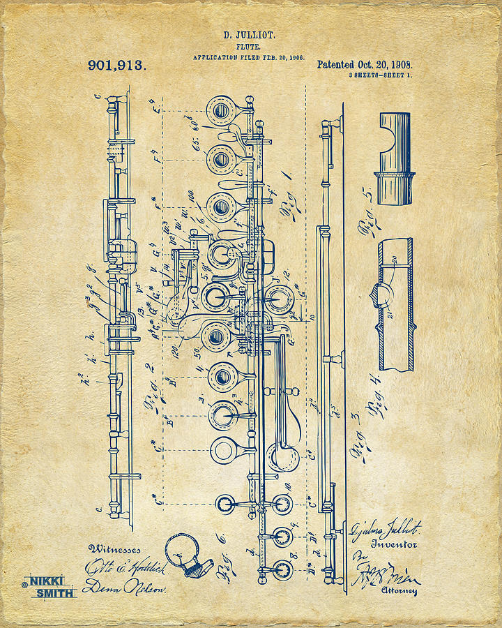 1908 Flute Patent - Vintage Digital Art by Nikki Marie Smith