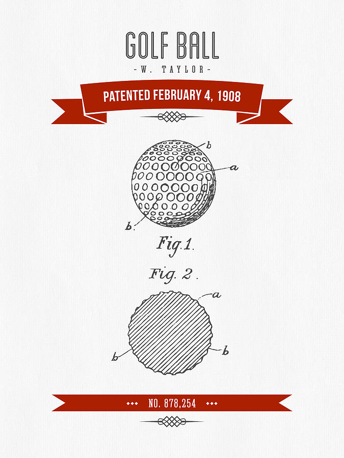 1908 Taylor Golf Ball Patent Drawing - Retro Red Digital Art