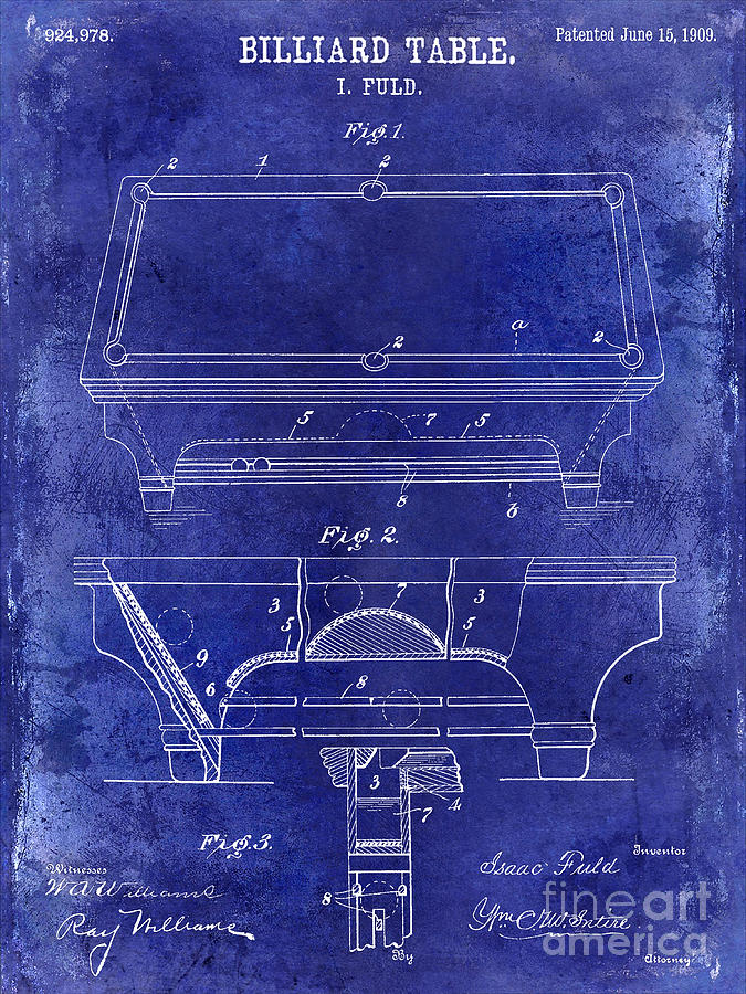 1909 Photograph - 1909 Billiard Table Patent Drawing Blue by Jon Neidert
