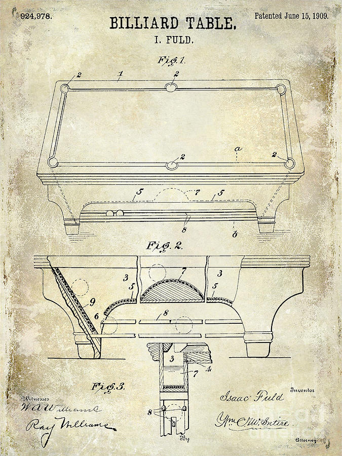 1909 Photograph - 1909 Billiard Table Patent Drawing  by Jon Neidert