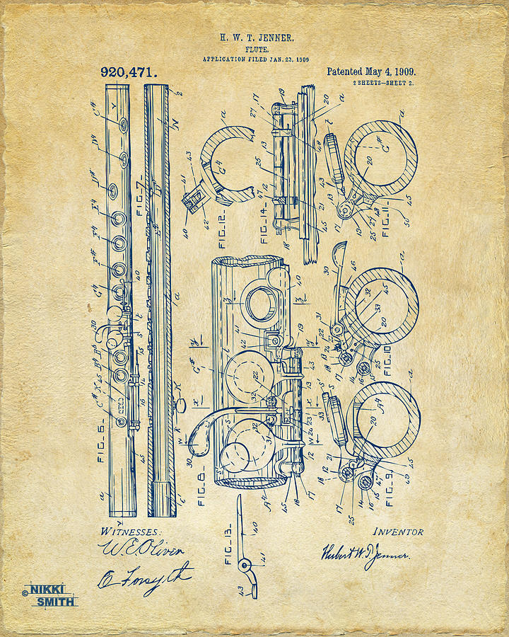 1909 Flute Patent - Vintage Digital Art by Nikki Marie Smith