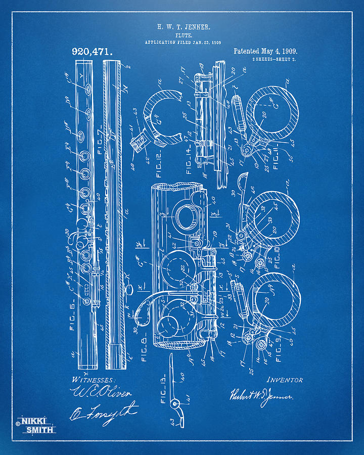 Vintage Digital Art - 1909 Flute Patent - Blueprint by Nikki Marie Smith