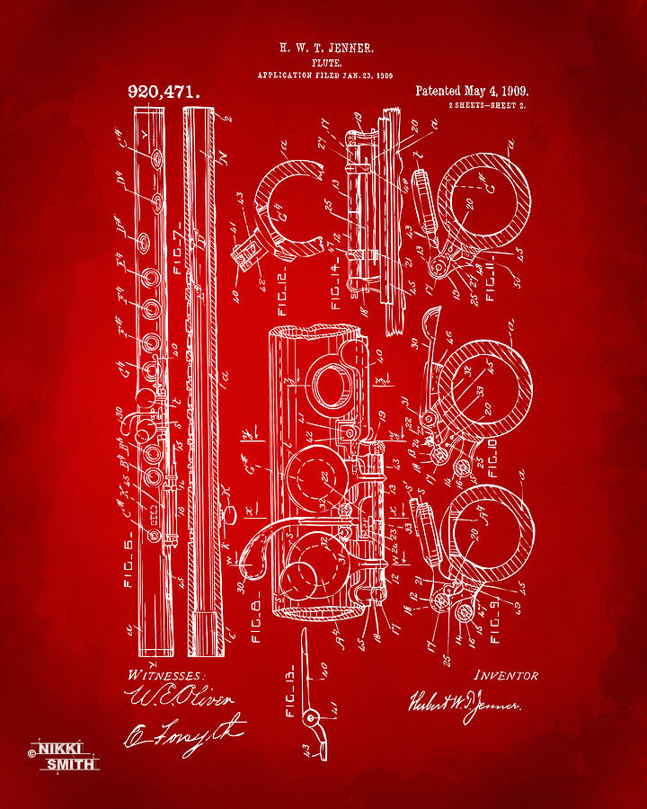 1909 Flute Patent in Red Digital Art by Nikki Marie Smith