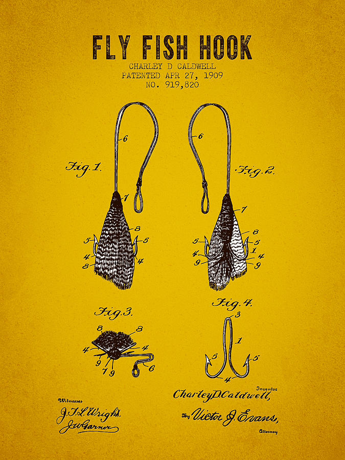 Salmon Digital Art - 1909 Fly Fish Hook Patent - Yellow Brown by Aged Pixel