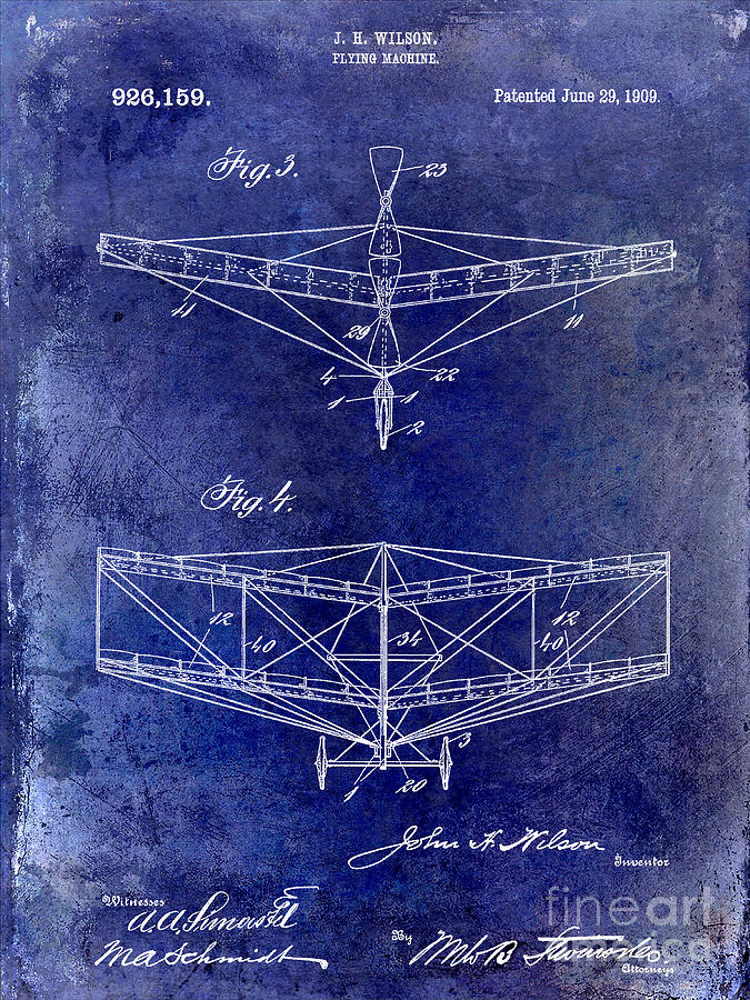 Airplane Drawing - 1909 Flying Machine Patent Drawing Blue by Jon Neidert