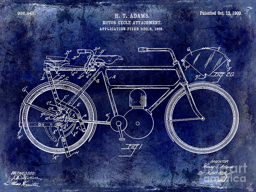 1909 Motorcycle Patent Drawing Blue Photograph by Jon Neidert