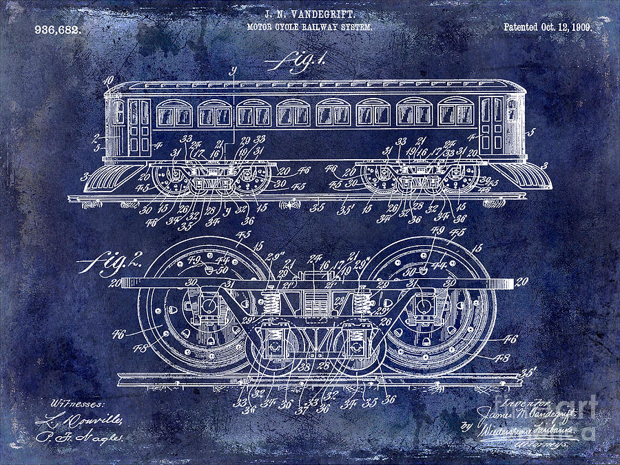 Train Photograph - 1909 Railway System Patent Drawing Blue by Jon Neidert