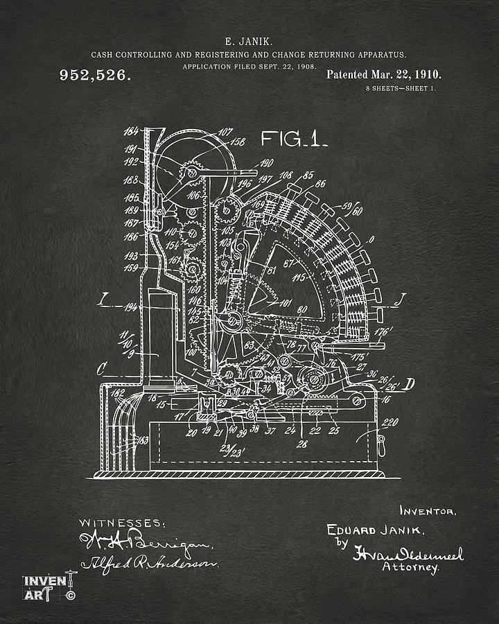 1910 Cash Register Patent Gray Digital Art by Nikki Marie Smith