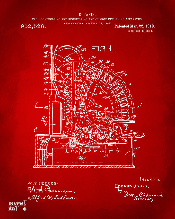 1910 Cash Register Patent Red Digital Art by Nikki Marie Smith