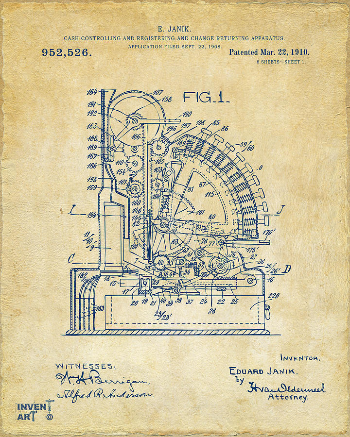 Ritty vintage first 1879 CASH REGISTER US Patent Art Print READY TO FRAME 