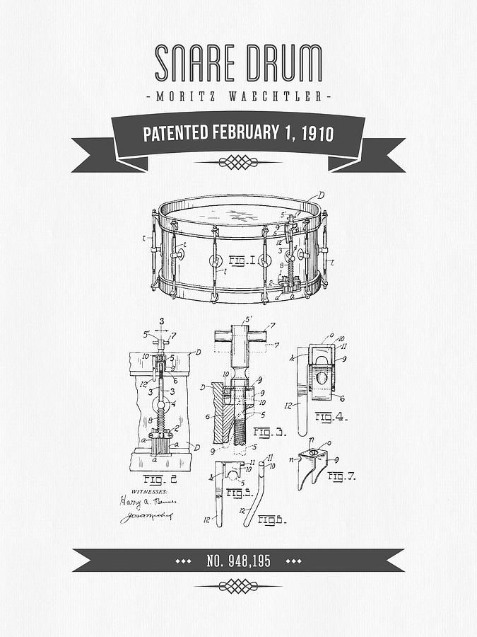 Music Digital Art - 1910 Snare Drum Patent Drawing by Aged Pixel