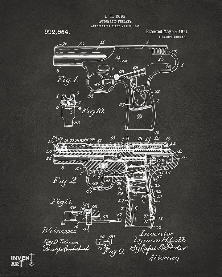 Black And White Digital Art - 1911 Automatic Firearm Patent Artwork - Gray by Nikki Marie Smith