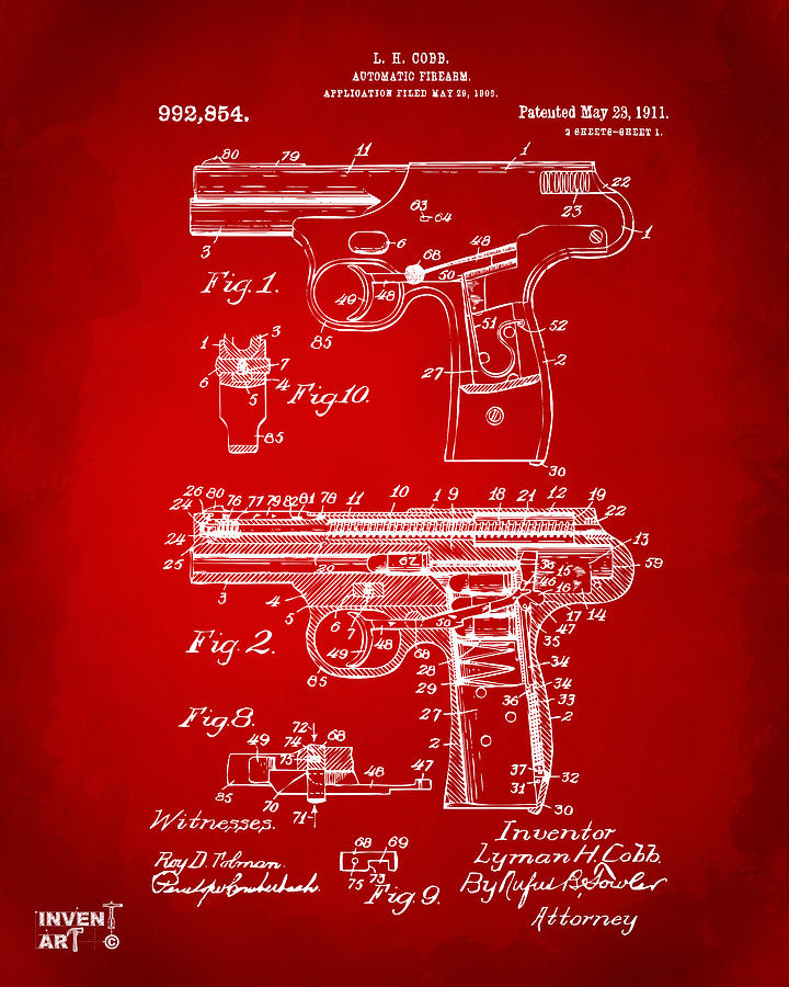 Model 8 Digital Art - 1911 Automatic Firearm Patent Artwork - Red by Nikki Marie Smith
