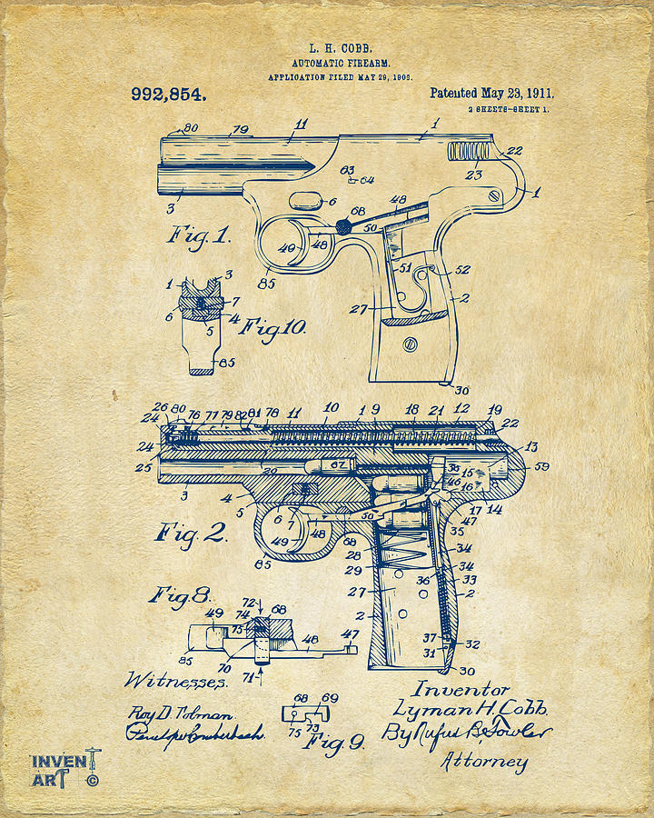 1911 Automatic Firearm Patent Artwork - Vintage Photograph by Nikki Marie Smith 1911 Automatic Firearm Patent Artwork - Vintage Photograph by Nikki Marie Smith