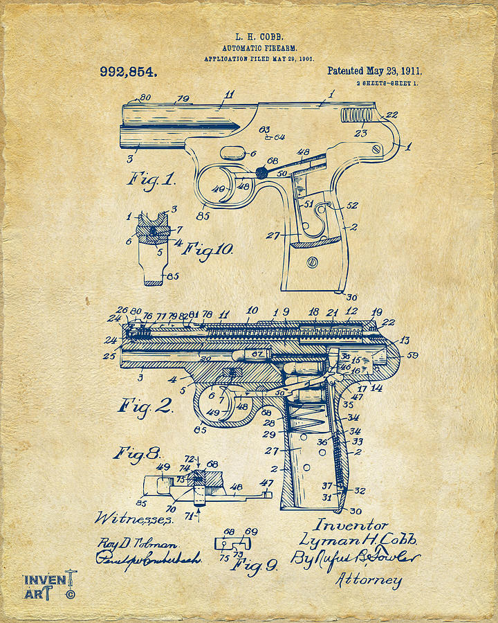 Vintage Photograph - 1911 Automatic Firearm Patent Artwork - Vintage by Nikki Marie Smith